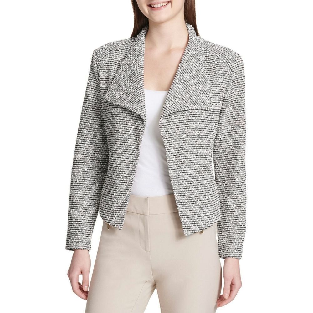 New! CALVIN KLEIN Textured Knit Flyaway Jacket Blazer Open-Front Zip-Pockets LRG